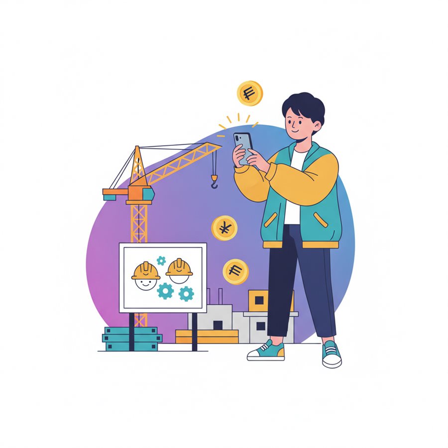 建設現場の看板をスマホで撮影してお小遣いを稼ぐ人のイラスト
